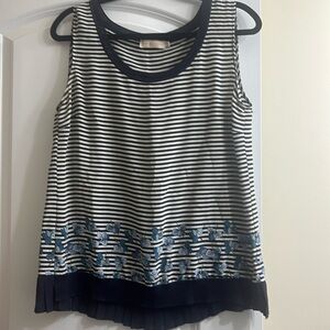 100% silk Tory Burch tank sleeveless shirt top navy blue striped with floral